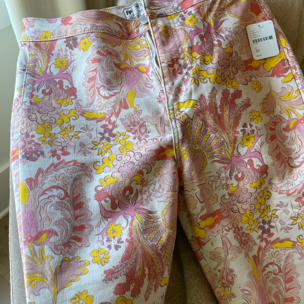 Free People High Rise Pink and Yellow Jeans